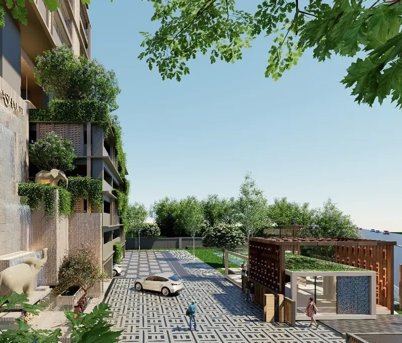 Arrival court with water feature at the tower base