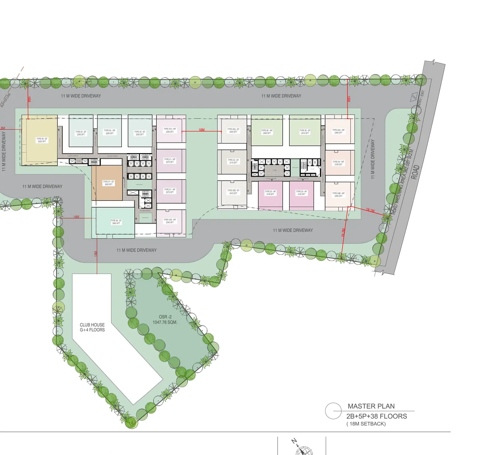 Master plan showing both towers, clubhouse, driveways and open space parcels