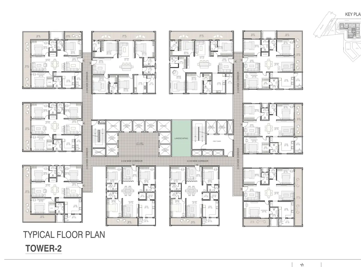 Typical floor plate for tower 2 showing the unit types around the lift core